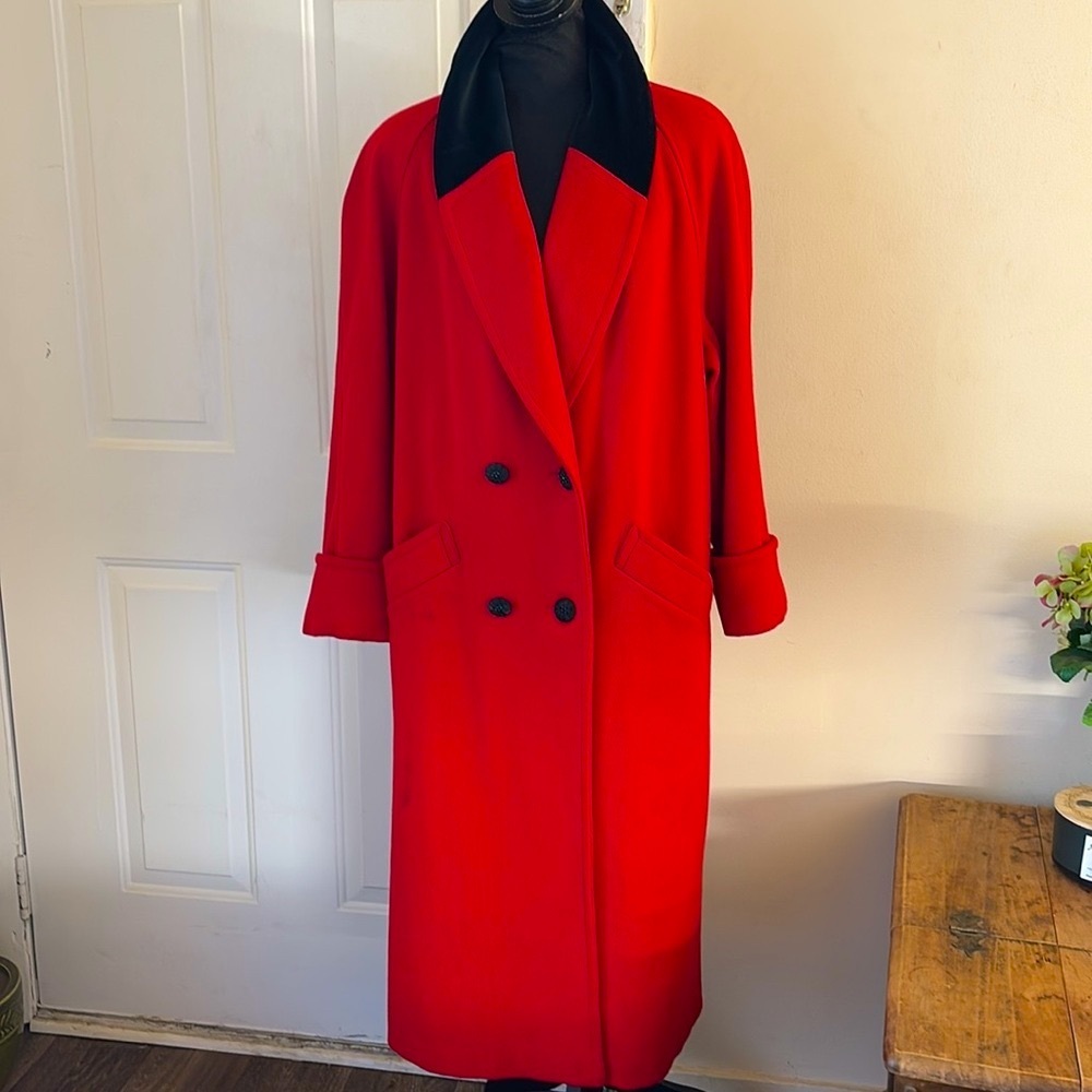 Jofeld Wool Red & Black Velvet Trim Long‎ Dress coat Size 12